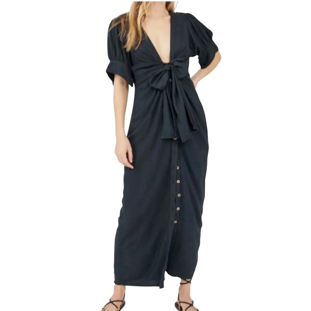Free People Vintage summer Black Maxi Dress Front Tie Bow Puff Sleeves linen